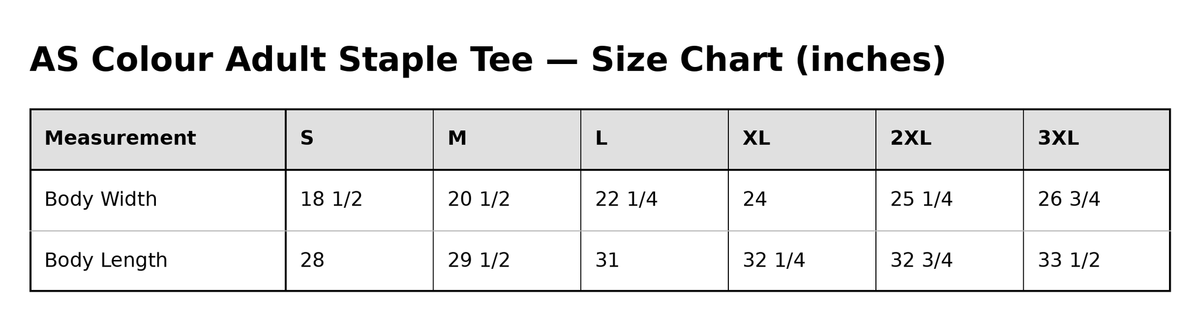 Gathr AS Colour Adult Staple Tee size chart