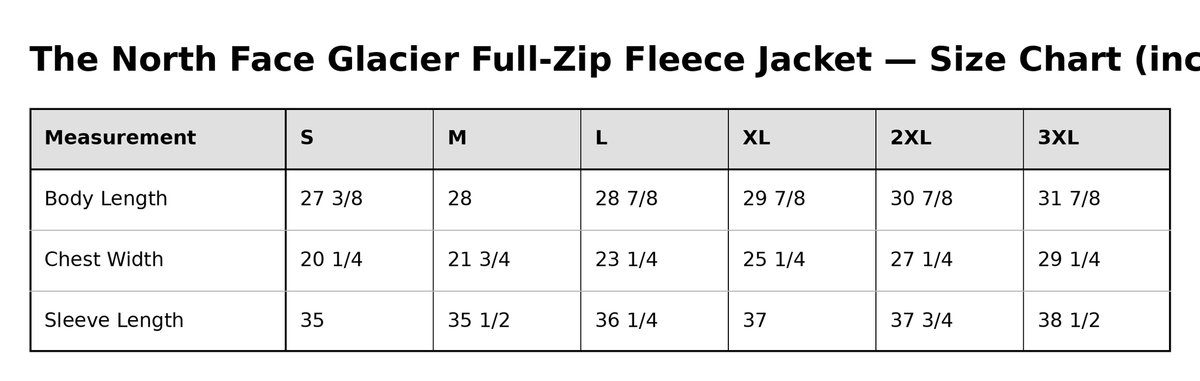 Gathr The North Face Glacier Full-Zip Fleece Jacket size chart