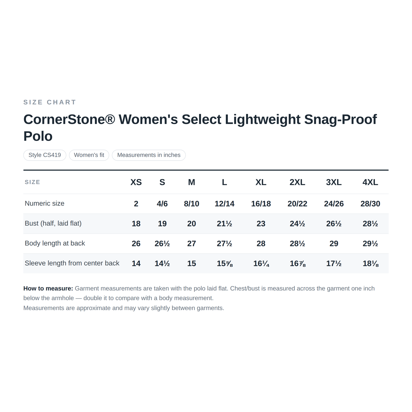Church History Department CornerStone Women's Select Lightweight Snag-Proof Polo — Size Chart
