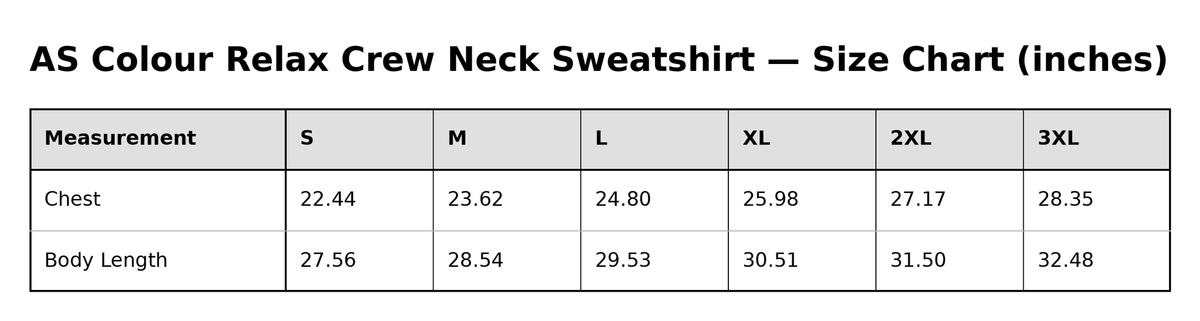 Gathr AS Colour Relax Crew Neck Sweatshirt size chart