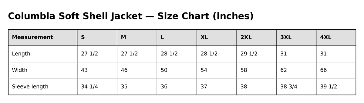 Gathr Columbia Soft Shell Jacket size chart