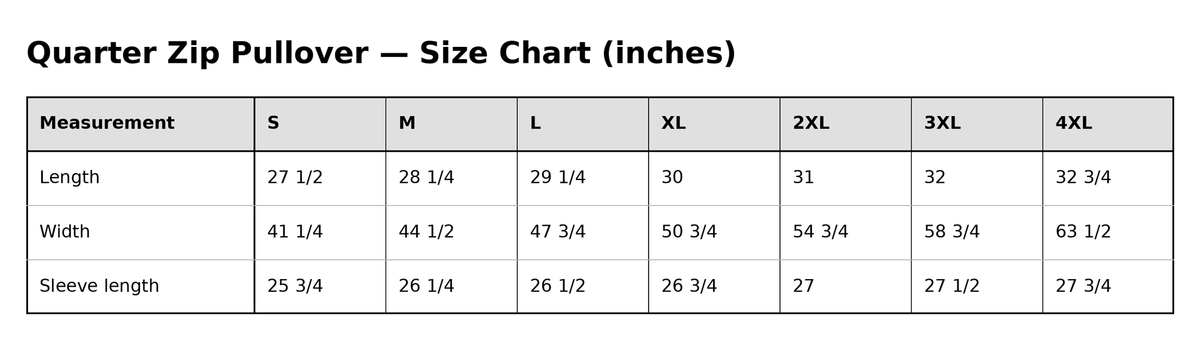 Gathr Quarter Zip Pullover size chart