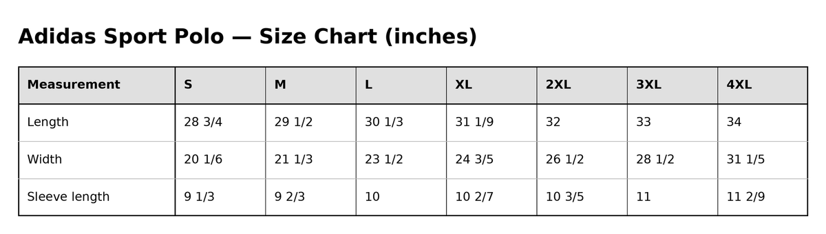 Gathr Adidas Sport Polo size chart