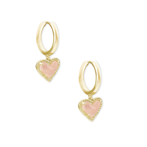 Kendra Scott Ari Heart Gold Huggie Earrings, Rose Quartz - 4217717851.png