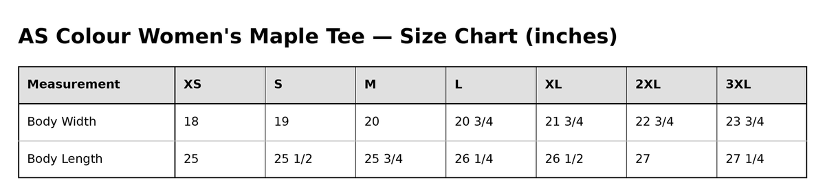 Gathr AS Colour Women's Maple Tee size chart