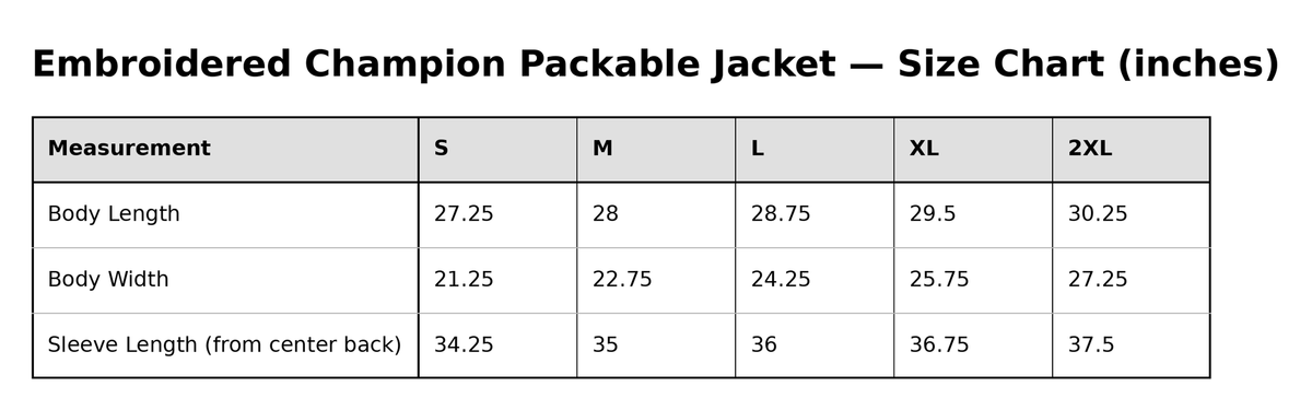 Gathr Embroidered Champion Packable Jacket size chart