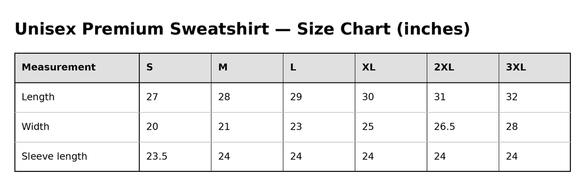 Gathr Unisex Premium Sweatshirt size chart