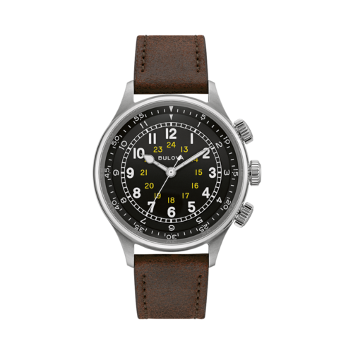 Bulova Mens A-15 Pilot Brown Leather Strap Watch, Black Dial/Silver-Tone Case, 42mm - 96A245.png