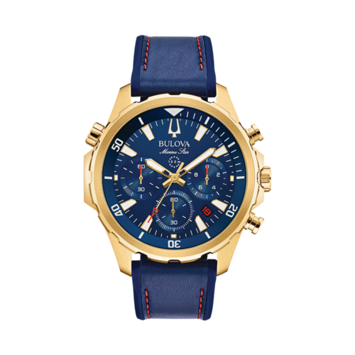 Bulova Mens Marine Star Chronograph Blue Strap Watch, Blue Dial/Gold-Tone Case, 43mm - 97B168.png