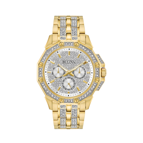Bulova Mens Octava Crystal Stainless Steel Watch, Silver-Tone Dial/Gold-Tone Case, 41.5mm - 98C126.png