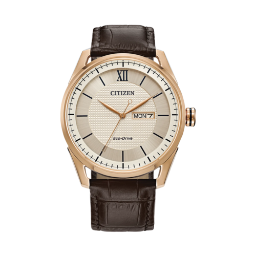 Citizen Mens Classic Brown Leather Strap Watch, Ivory Dial/Rose Gold Case, 42mm - AW0082-01A.png