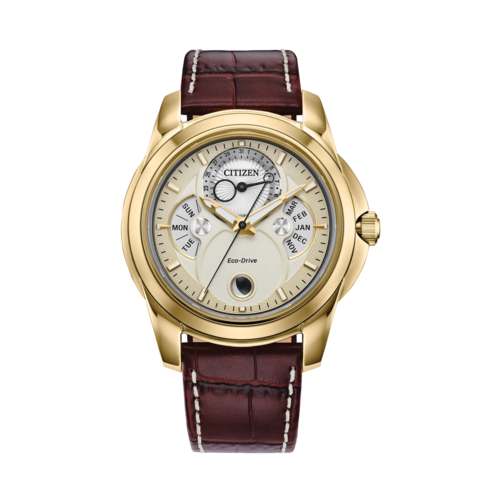 Citizen Mens Calendrier Brown Leather Strap Watch, Gold-Tone Dial/Gold-Tone Case, 41.8mm - BU0082-06P.png