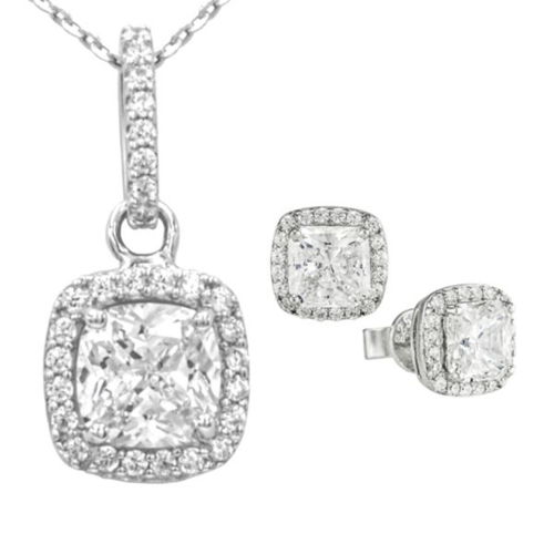 Antwerp Beautiful Sterling Silver Cubic Zirconia Cushion Halo Earrings and Necklace Set - ERPD13038.png