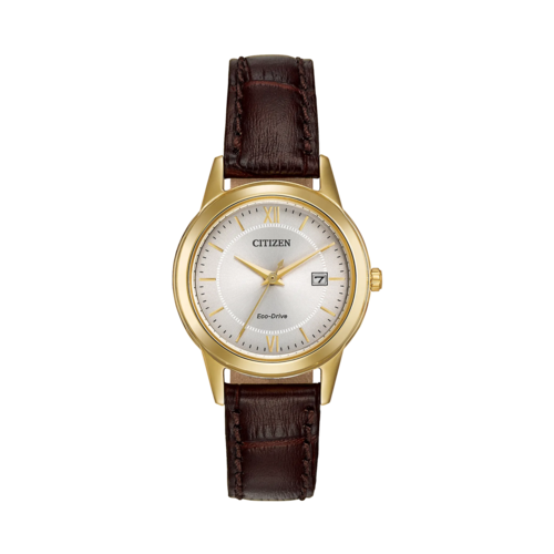 Citizen Womens Corso Brown Leather Strap Watch, Silver-Tone Dial/Gold-Tone Case, 29.5mm - FE1082-05A.png