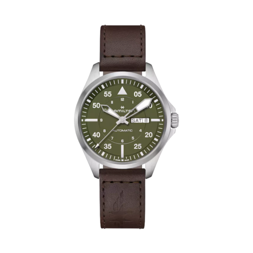 Hamilton Khaki Aviation Pilot Day Date Auto Dark Brown Leather Strap Watch, Olive Green Dial, 42mm - H64635560.png