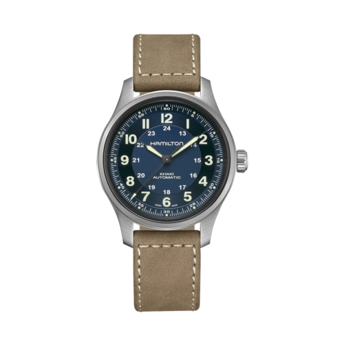 Hamilton Khaki Field Titanium Auto Brown Leather Strap Watch, Blue Dial, 42mm - H70545540.png