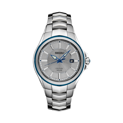 Seiko Mens Coutura Solar Stainless Steel Watch, Gray Dial with Blue Accents - SNE565.png
