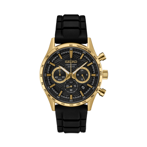 Seiko Mens Essentials Chronograph Black Silicone Watch, Black Y-shaped Pressed Pattern Dial - SSB446.png