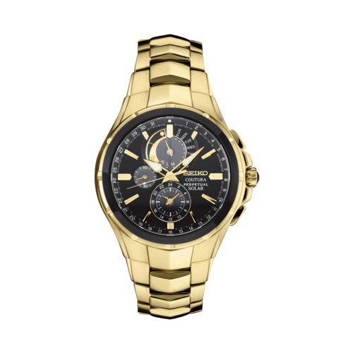 Seiko Mens Coutura Perpetual Solar Alarm Chronograph Watch, Gold-Tone Stainless Steel, Black Dial - SSC700.png