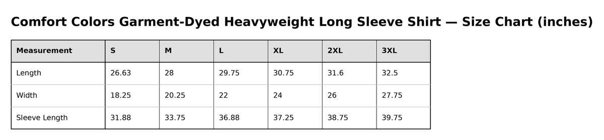Gathr Comfort Colors Garment-Dyed Heavyweight Long Sleeve Shirt size chart
