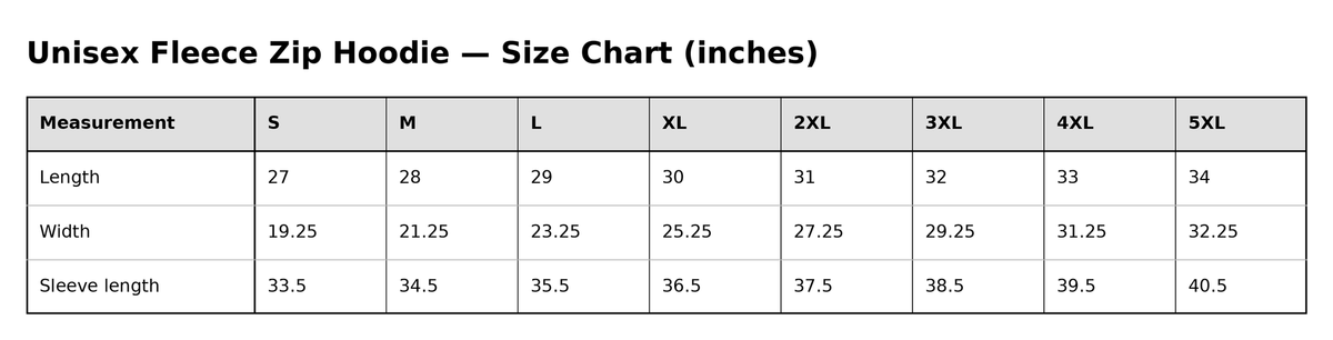 Gathr Unisex Fleece Zip Hoodie size chart