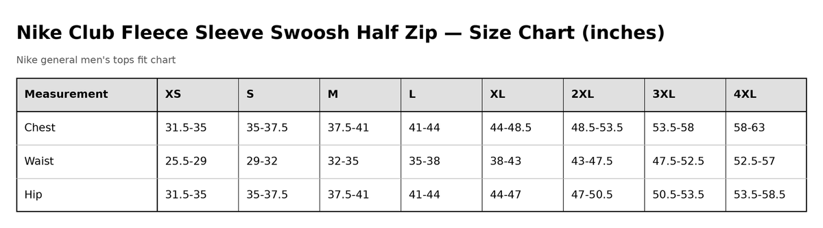 Gathr Nike Club Fleece Sleeve Swoosh Half Zip size chart
