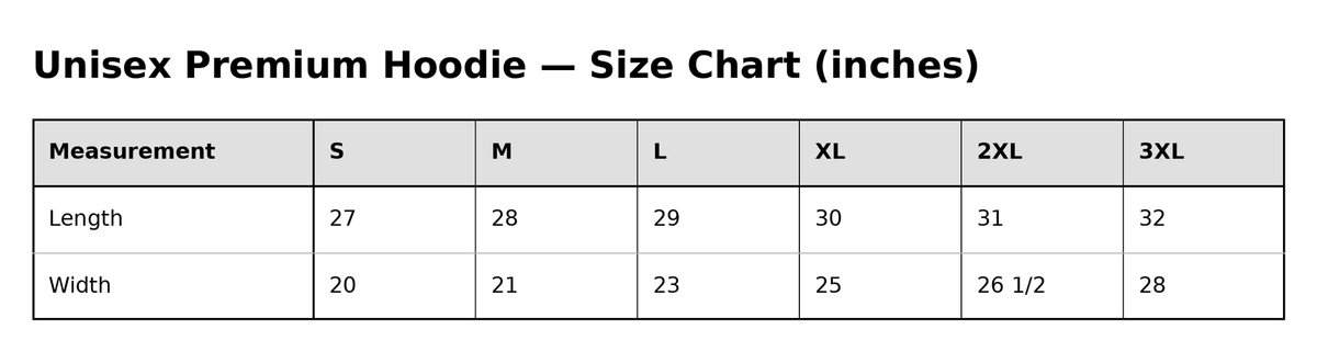 Gathr Unisex Premium Hoodie size chart