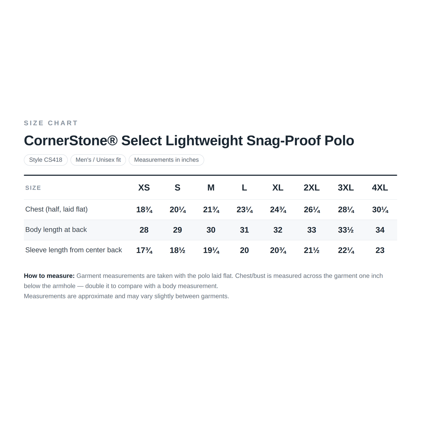 Church History Department CornerStone Men's Select Lightweight Snag-Proof Polo — Size Chart