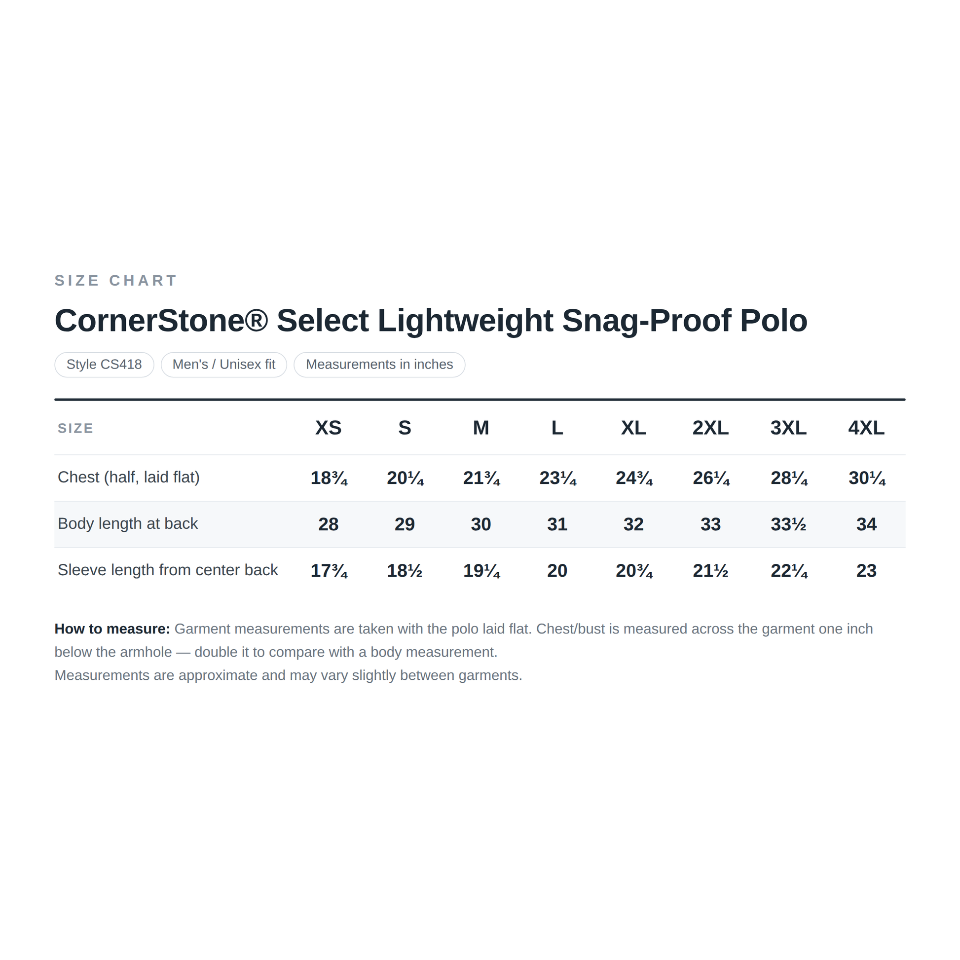 Church History Department CornerStone Men's Select Lightweight Snag-Proof Polo — Size Chart