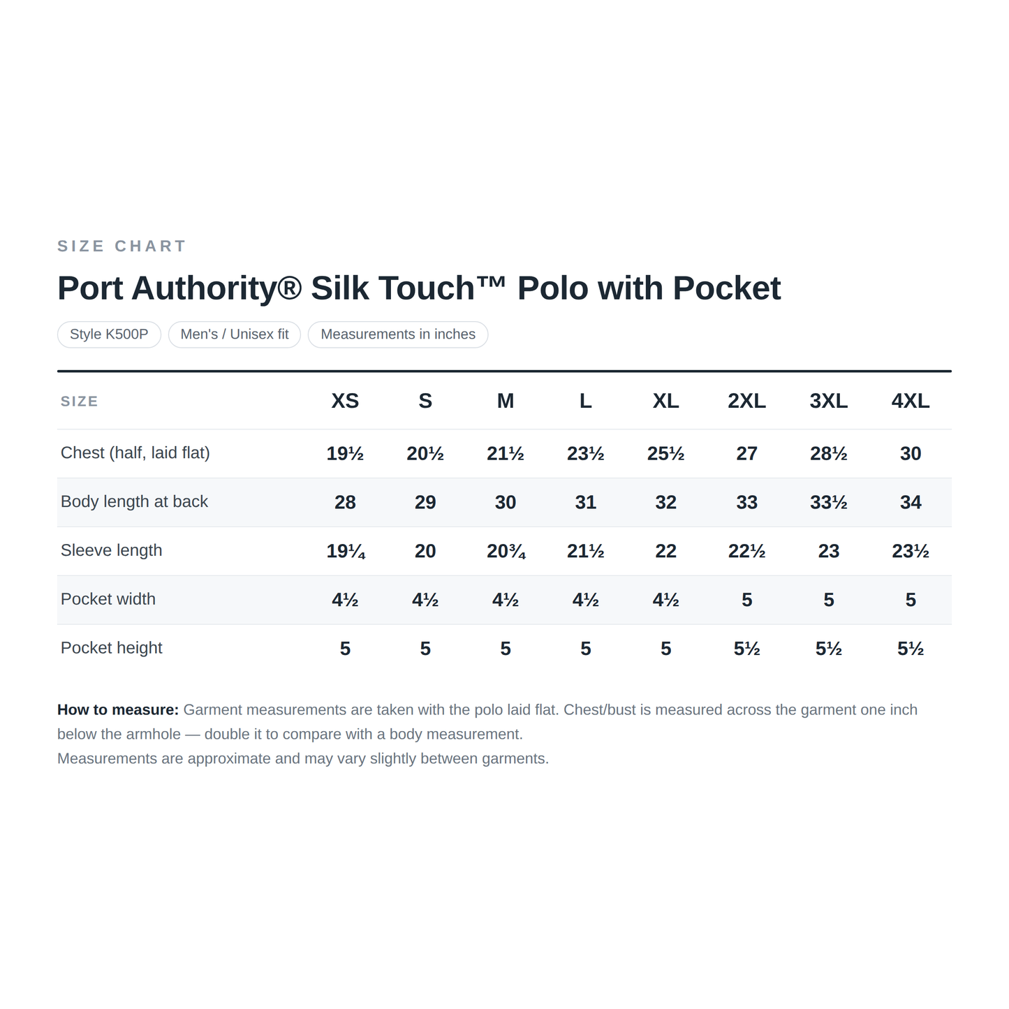 Church History Department Port Authority Silk Touch Polo with Pocket — Size Chart