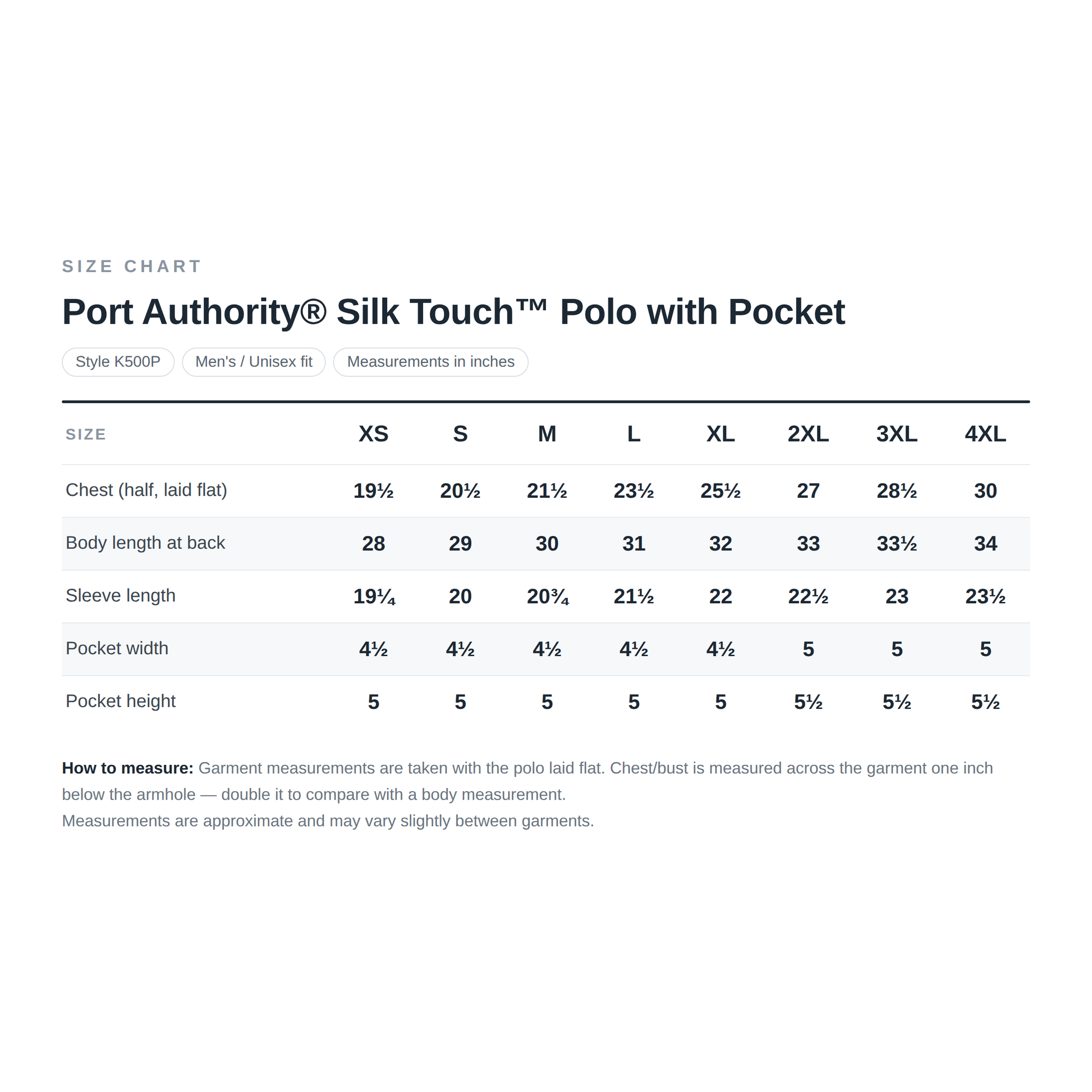 Church History Department Port Authority Silk Touch Polo with Pocket — Size Chart