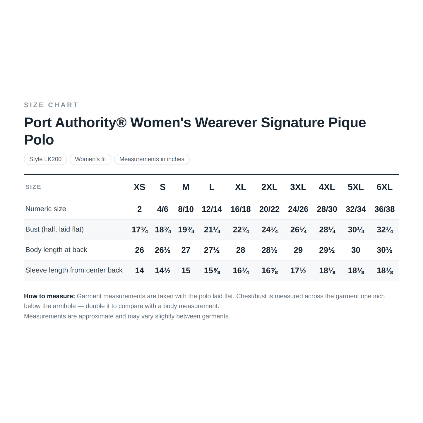 Church History Department Port Authority Women's Wearever Signature Pique Polo — Size Chart